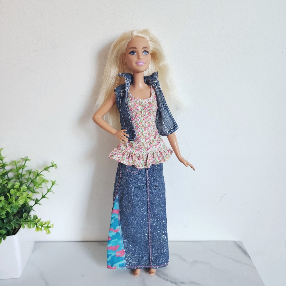 Genuine Barbie By Mattel Blonde Denim Outfit Floral Peplum Top Maxi Skirt 11.5"